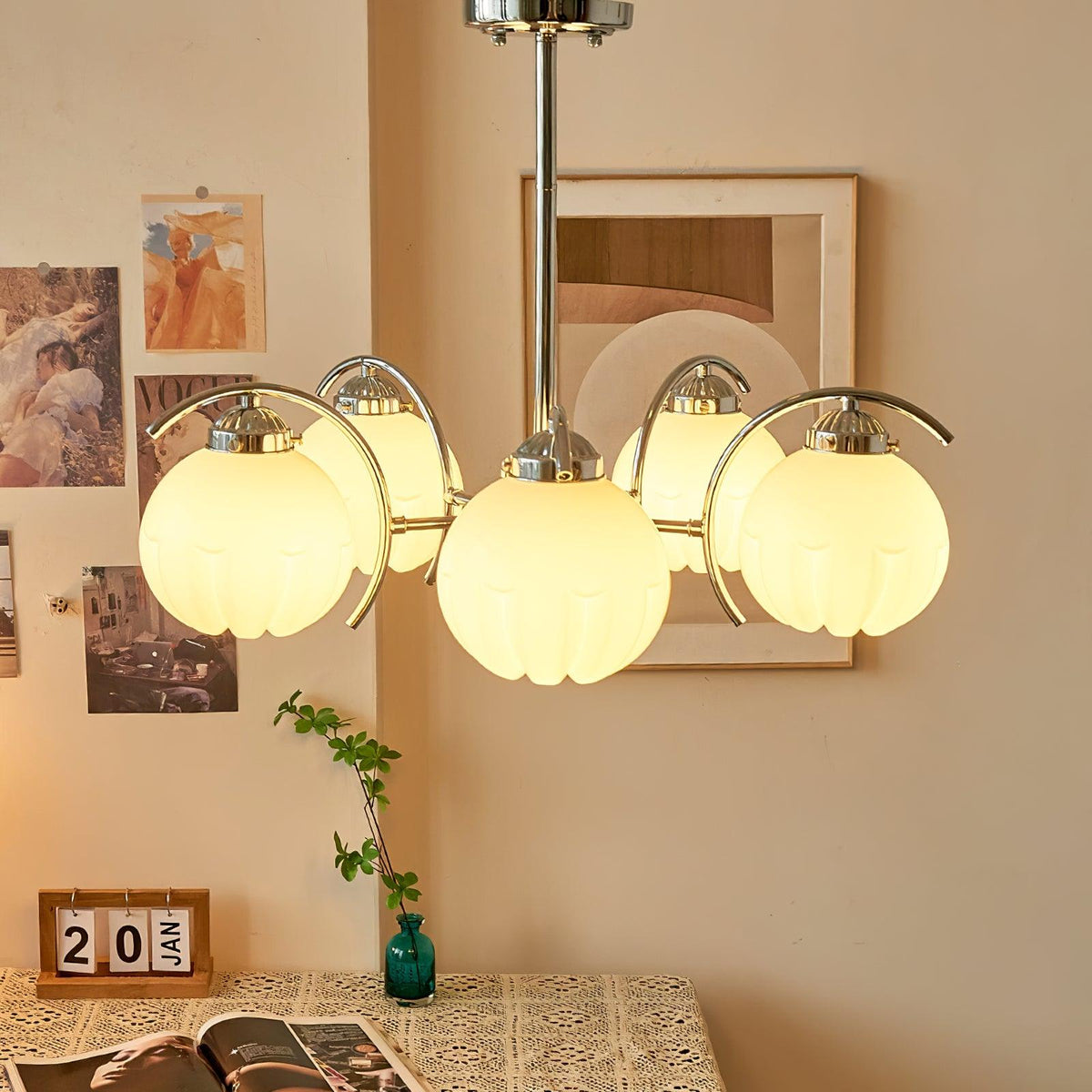 Chandelier Chrome Curved Arms with Frosted Globe Shades