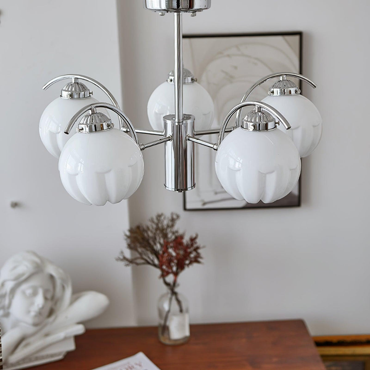 Chandelier Chrome Curved Arms with Frosted Globe Shades