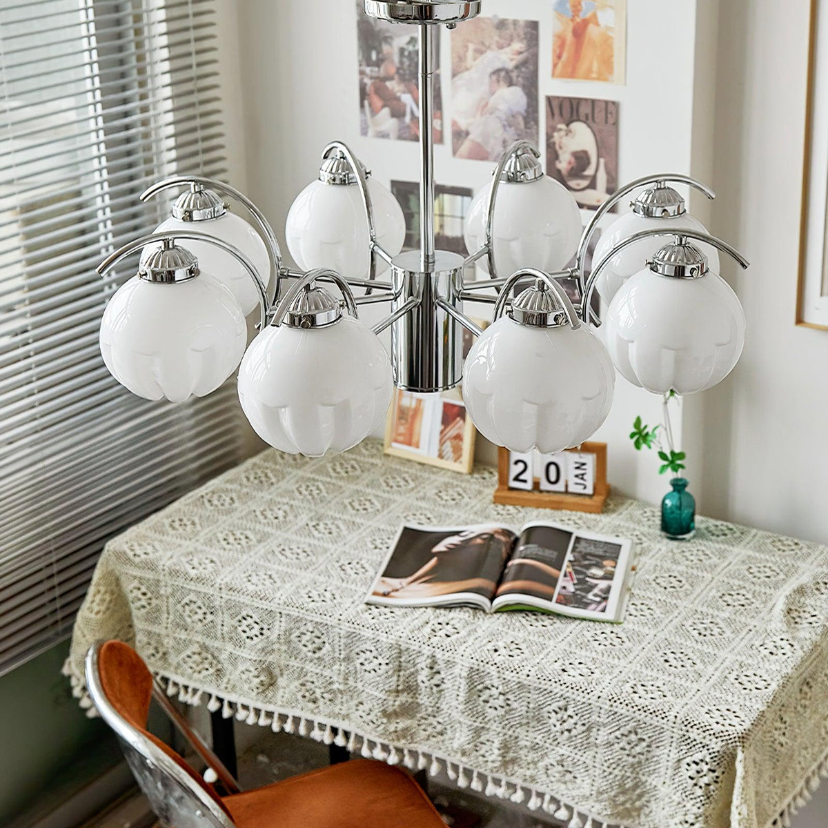 Chandelier Chrome Curved Arms with Frosted Globe Shades