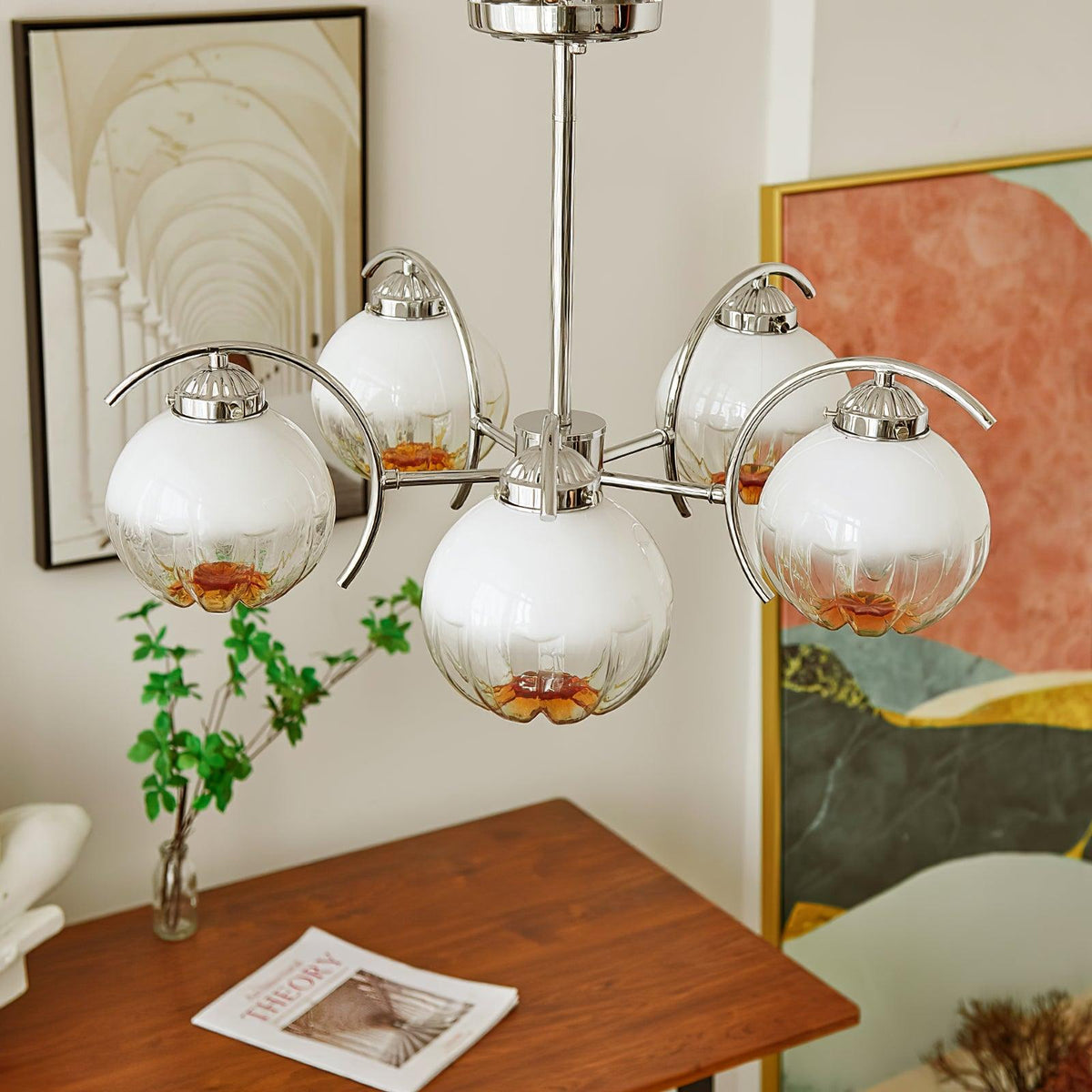 Chandelier Chrome Curved Arms with Frosted Globe Shades