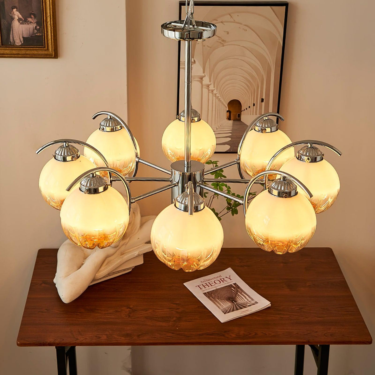 Chandelier Chrome Curved Arms with Frosted Globe Shades