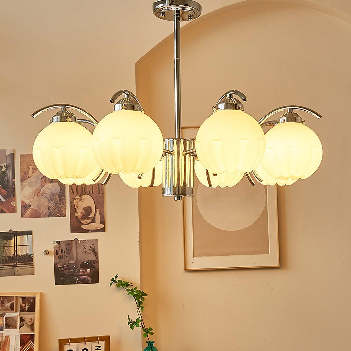 Chandelier Chrome Curved Arms with Frosted Globe Shades