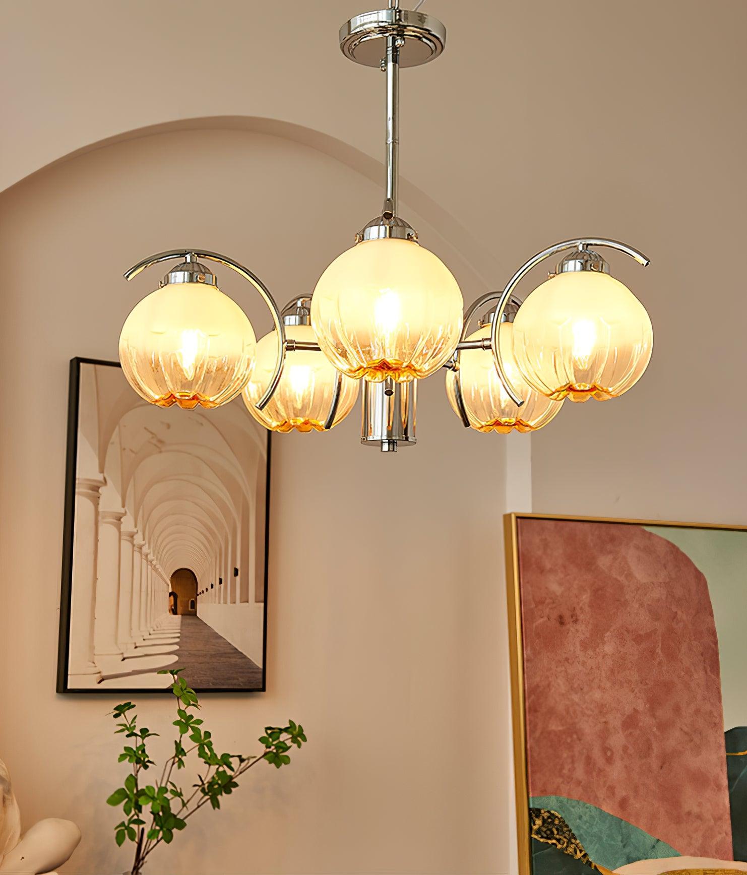 Chandelier Chrome Curved Arms with Frosted Globe Shades