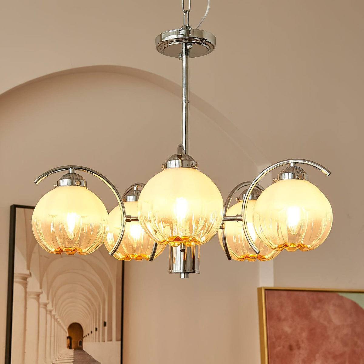 Chandelier Chrome Curved Arms with Frosted Globe Shades