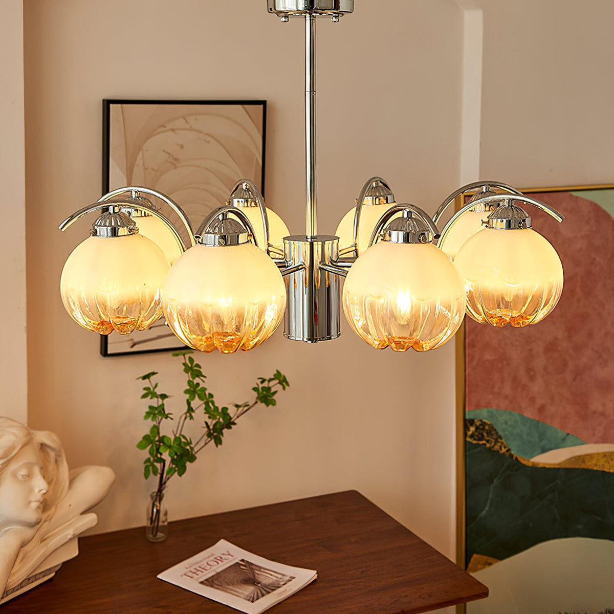 Chandelier Chrome Curved Arms with Frosted Globe Shades