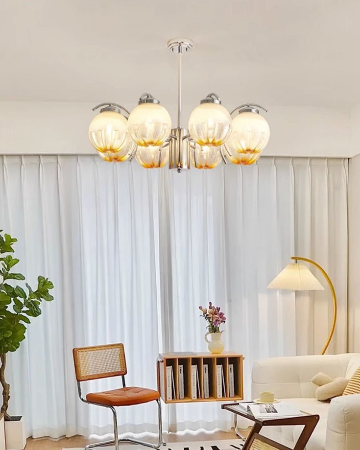 Chandelier Chrome Curved Arms with Frosted Globe Shades