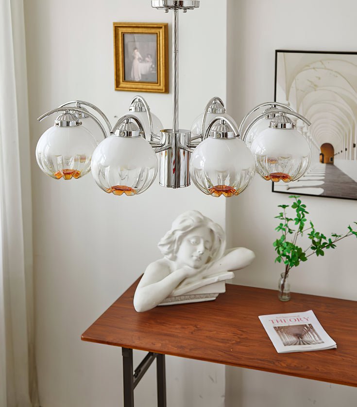 Chandelier Chrome Curved Arms with Frosted Globe Shades