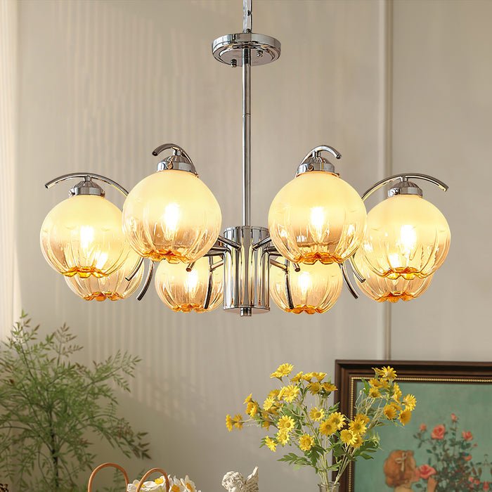 Chandelier Chrome Curved Arms with Frosted Globe Shades