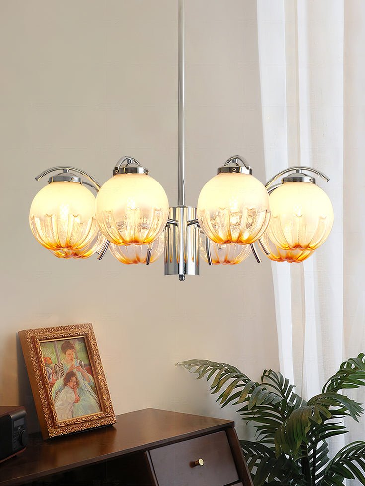 Chandelier Chrome Curved Arms with Frosted Globe Shades