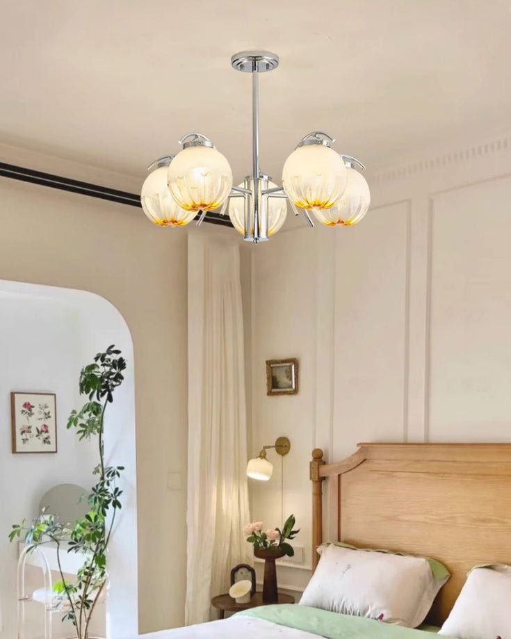 Chandelier Chrome Curved Arms with Frosted Globe Shades
