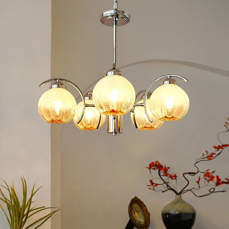 Chandelier Chrome Curved Arms with Frosted Globe Shades