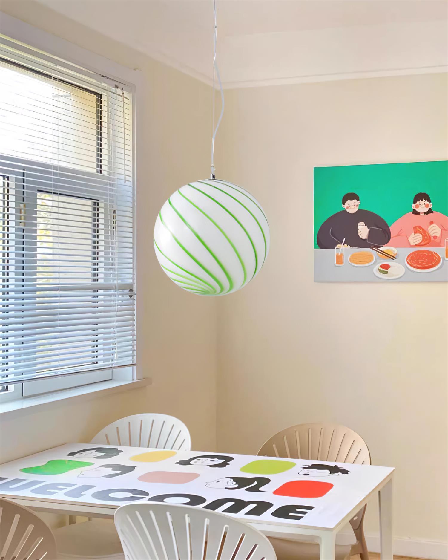 Pendant Lamp Glass Globe Light with Green Swirl Stripes - Neutral Decor