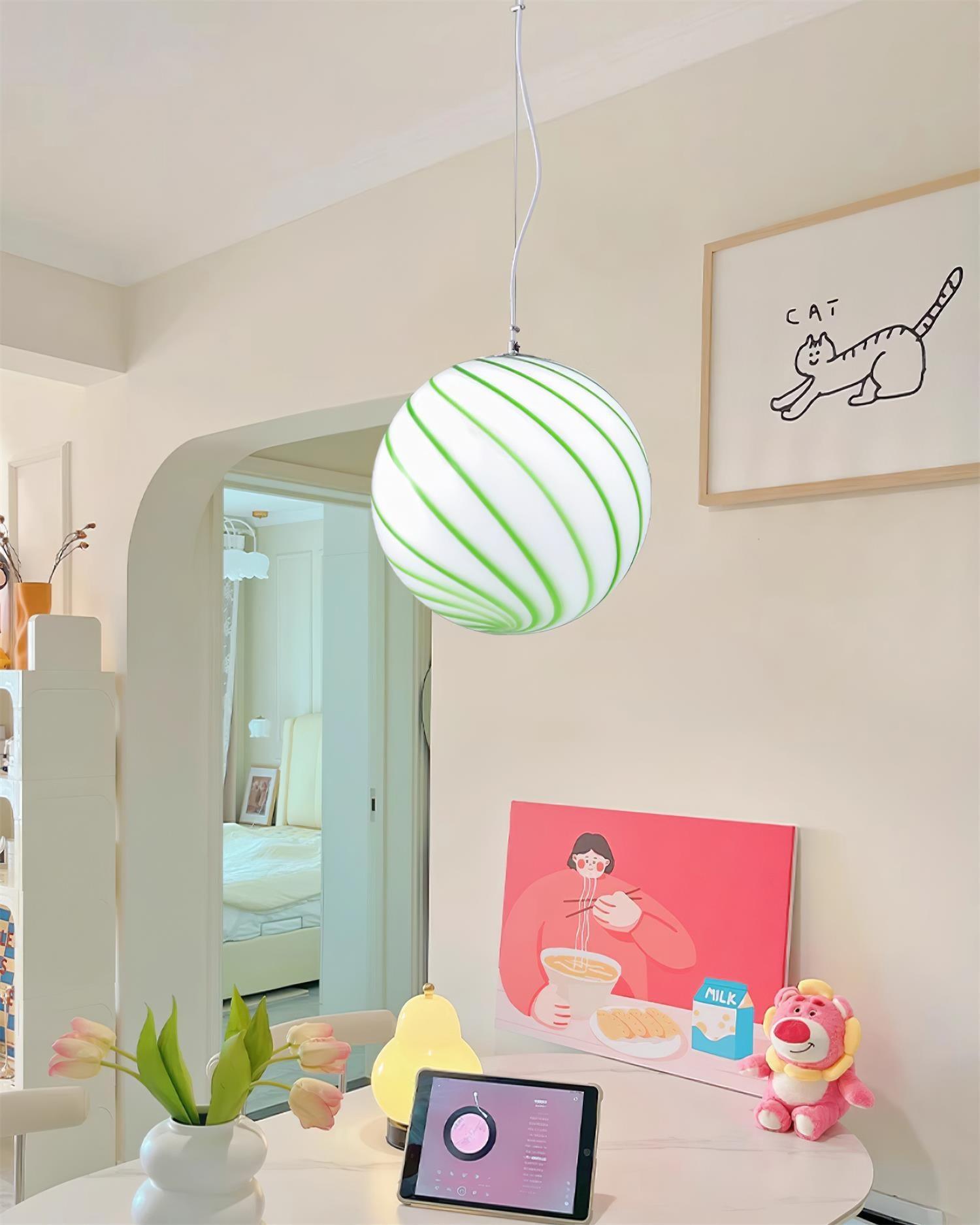 Pendant Lamp Glass Globe Light with Green Swirl Stripes - Neutral Decor