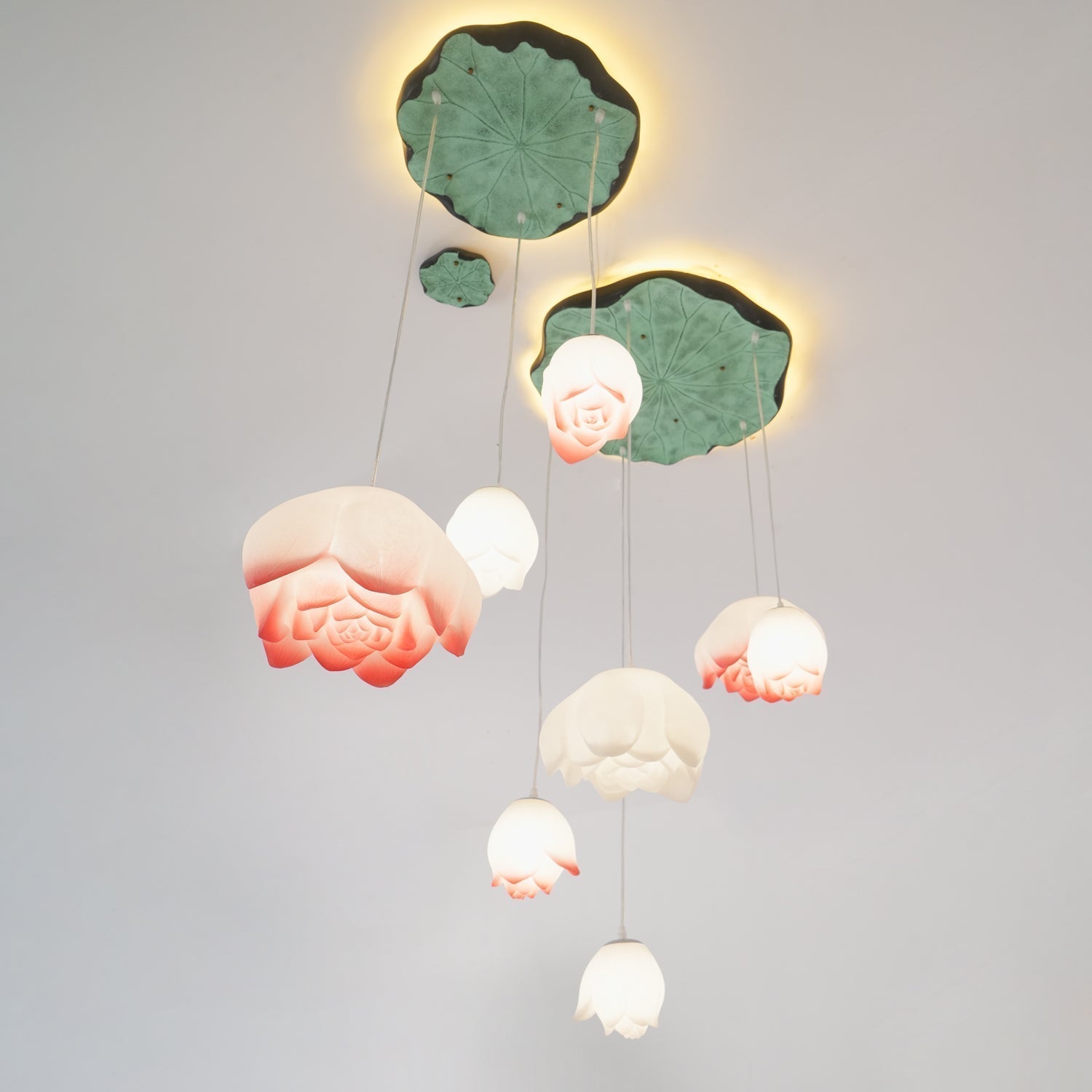 Rivinira Chandelier Lotus Floral Pendant Pink White 7-Light
