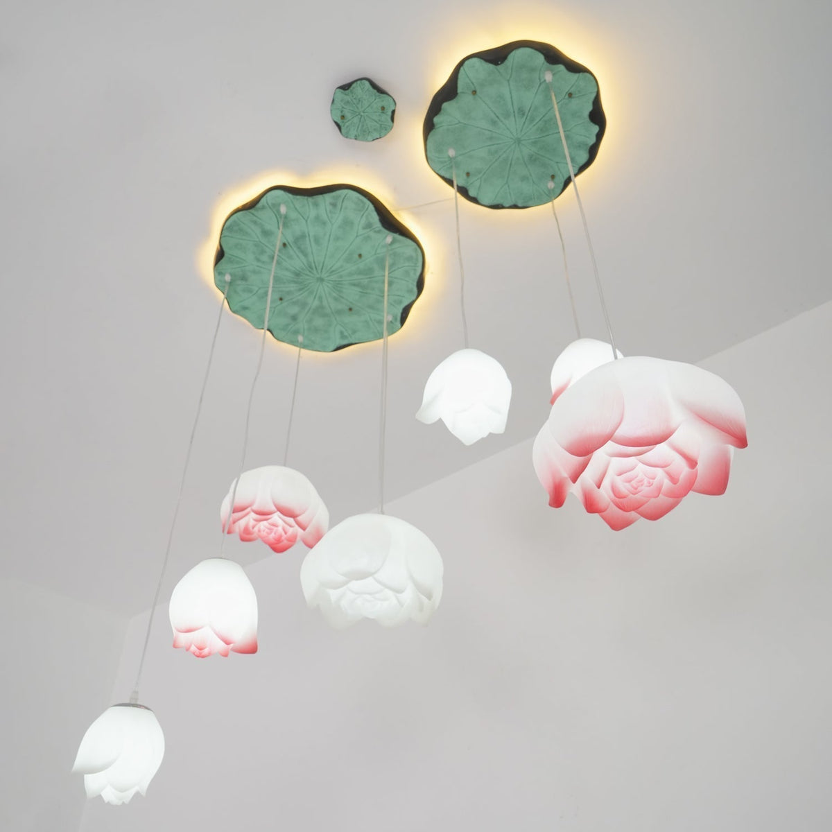 Rivinira Chandelier Lotus Floral Pendant Pink White 7-Light