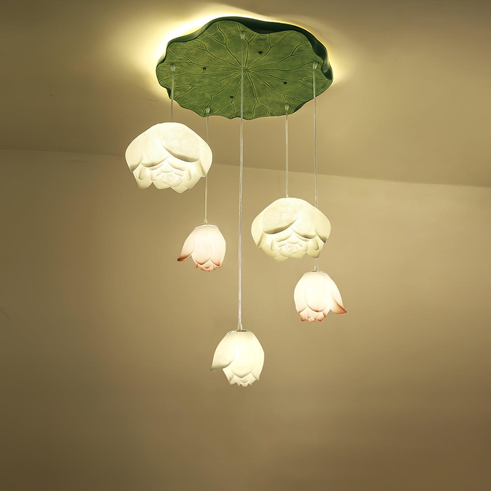 Rivinira Chandelier Lotus Floral Pendant Pink White 7-Light