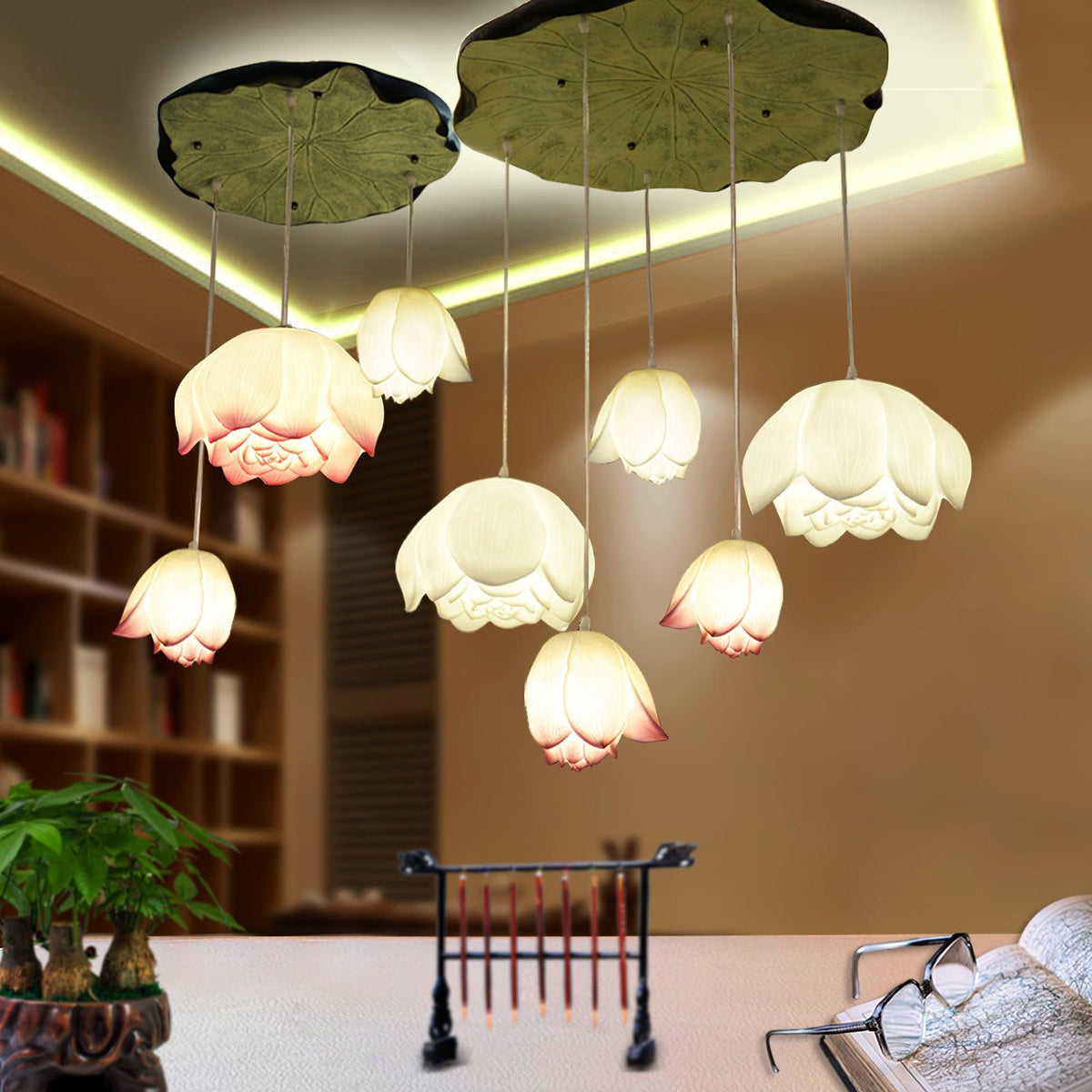 Rivinira Chandelier Lotus Floral Pendant Pink White 7-Light