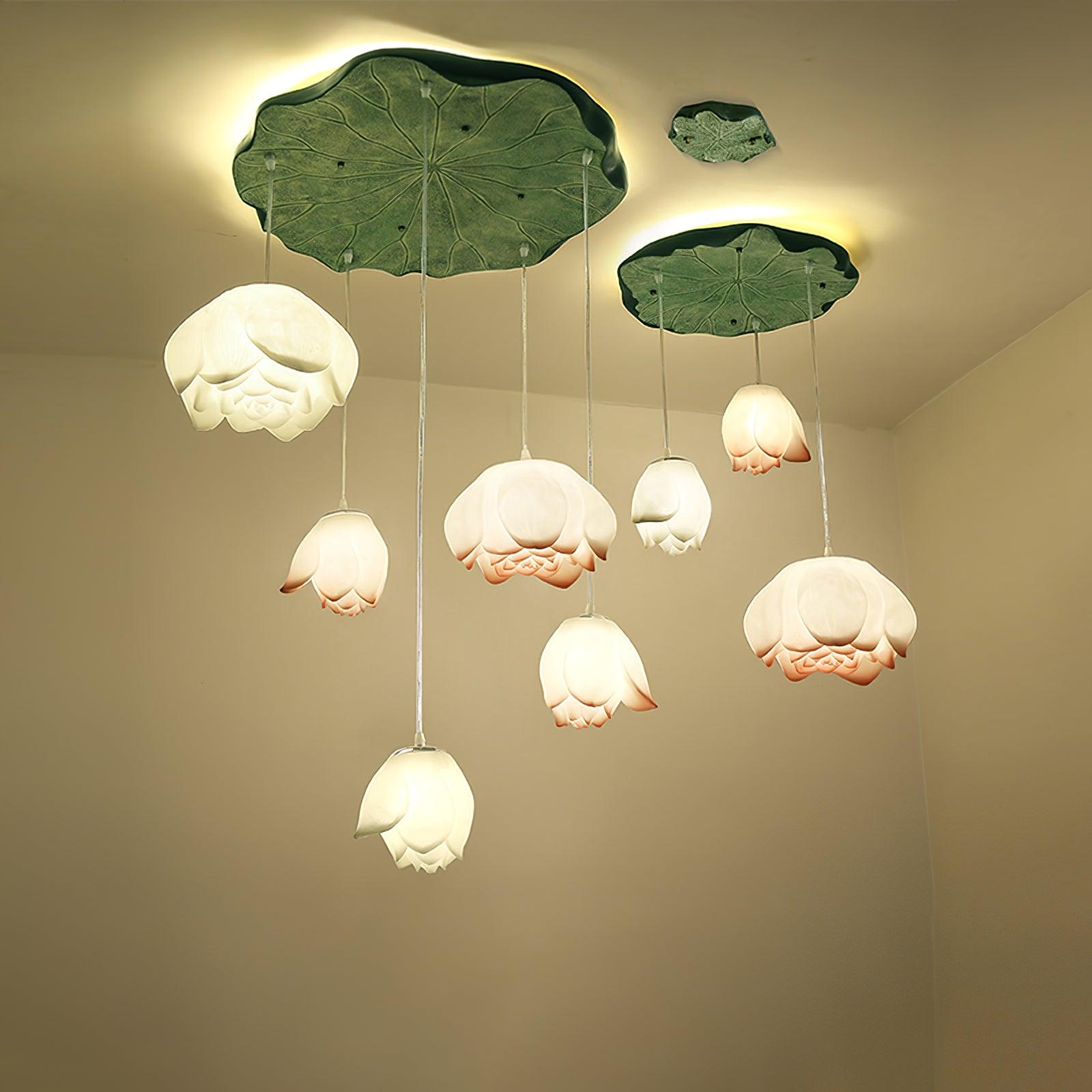 Rivinira Chandelier Lotus Floral Pendant Pink White 7-Light