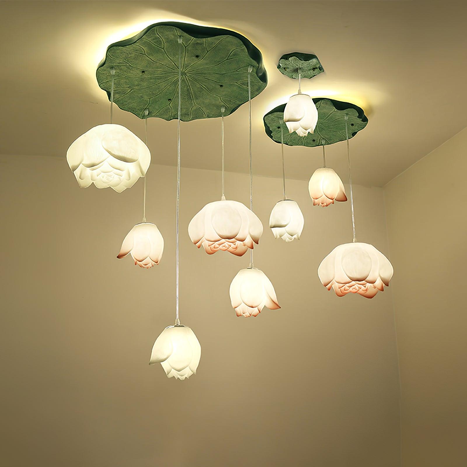 Rivinira Chandelier Lotus Floral Pendant Pink White 7-Light