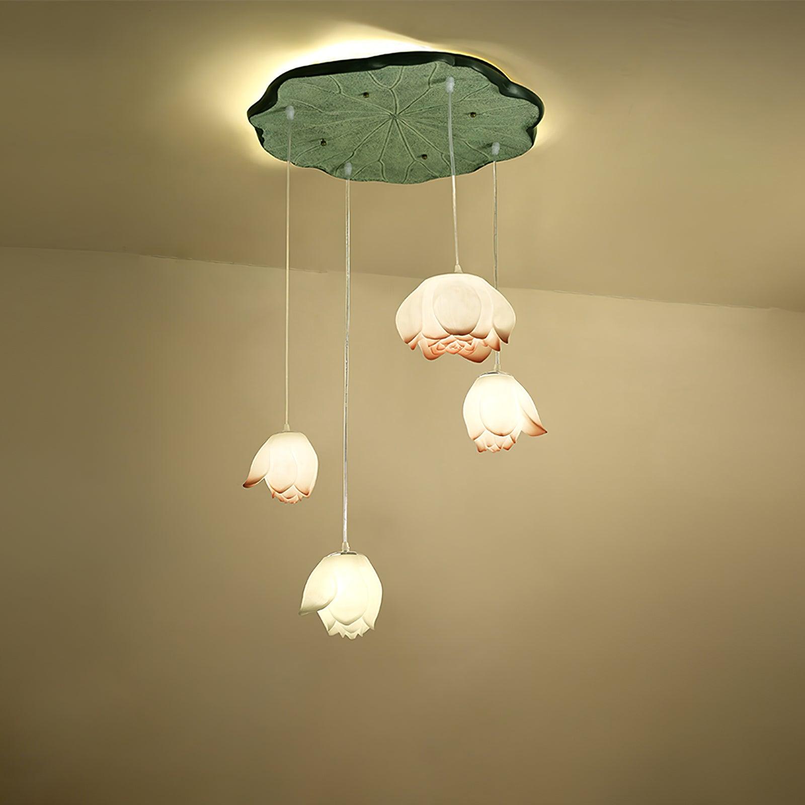 Rivinira Chandelier Lotus Floral Pendant Pink White 7-Light