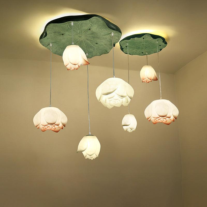 Rivinira Chandelier Lotus Floral Pendant Pink White 7-Light