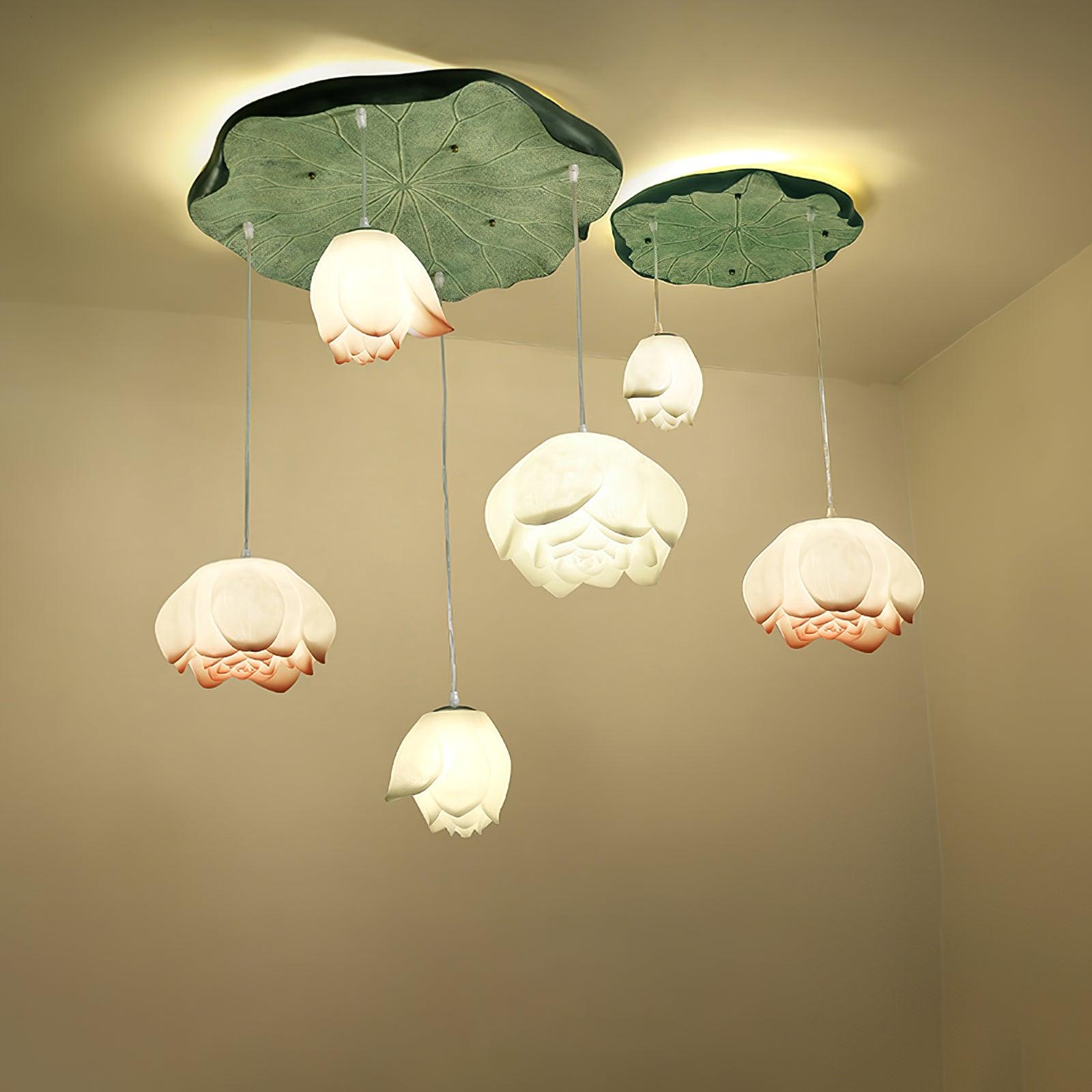Rivinira Chandelier Lotus Floral Pendant Pink White 7-Light