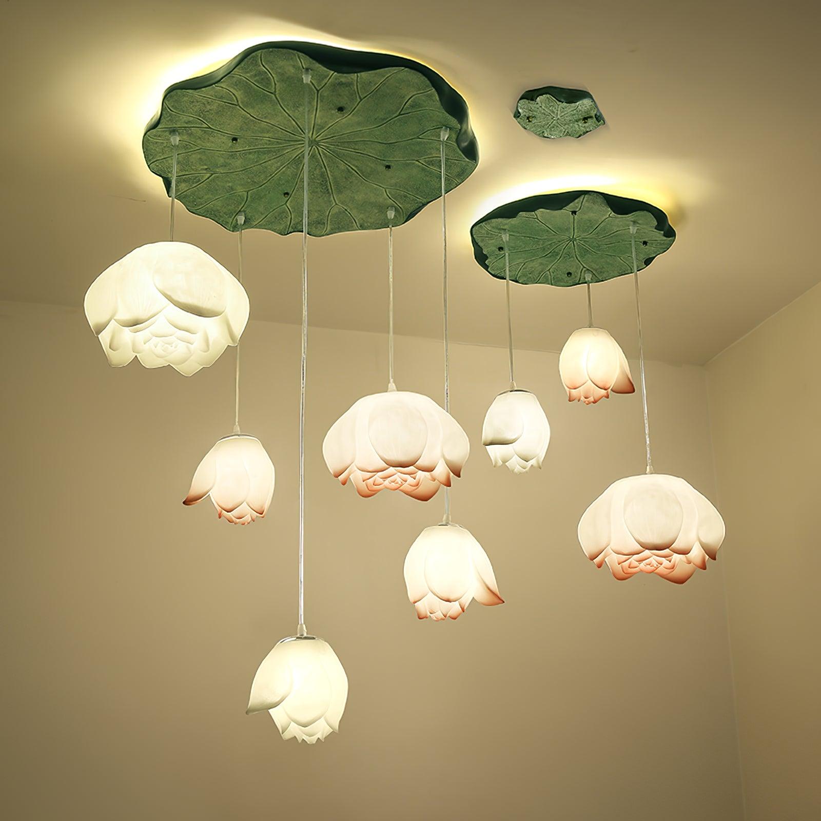 Rivinira Chandelier Lotus Floral Pendant Pink White 7-Light