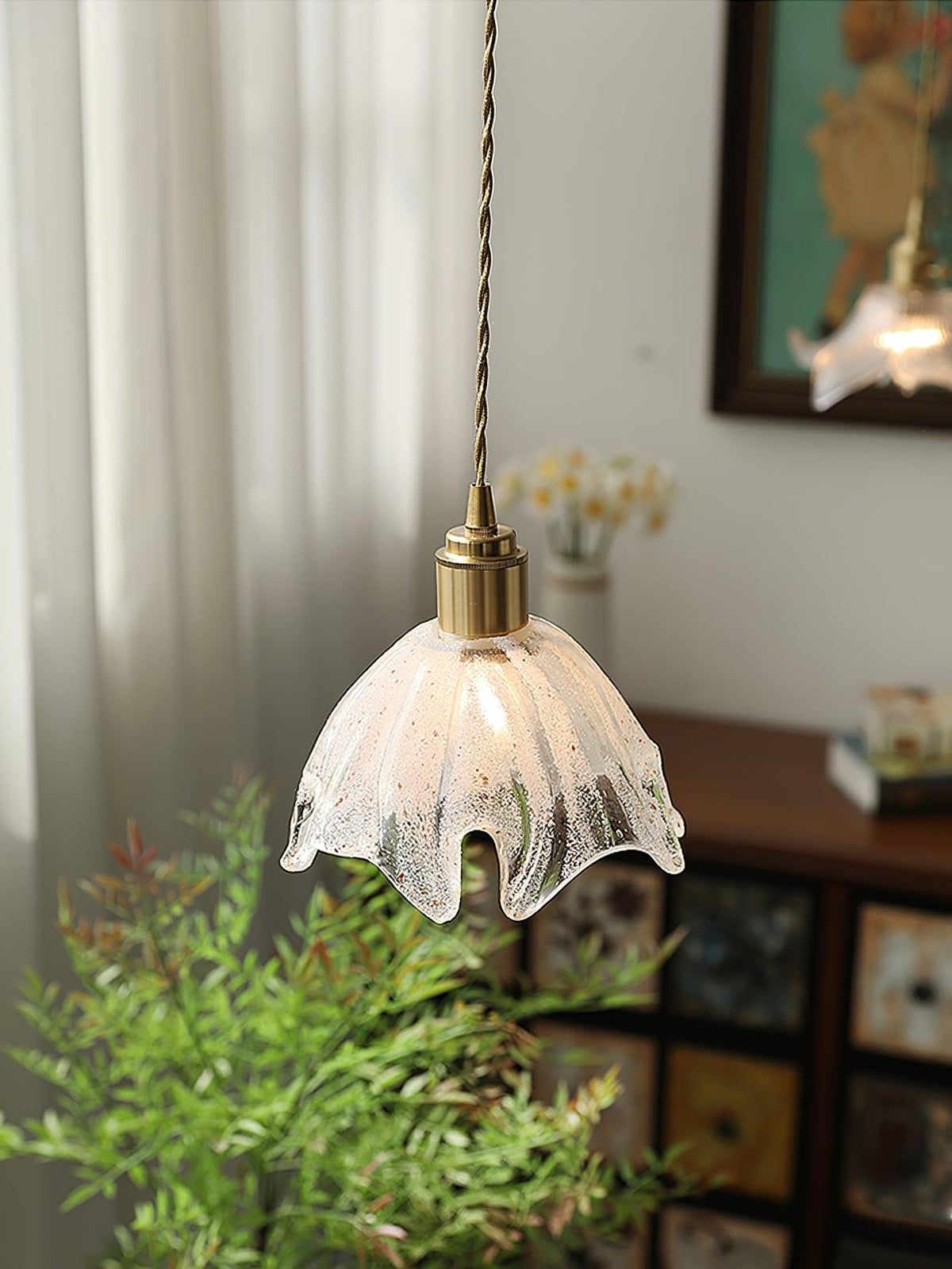 Deveny Pendant Lamp Brass Ruffled Glass Lotus Vintage