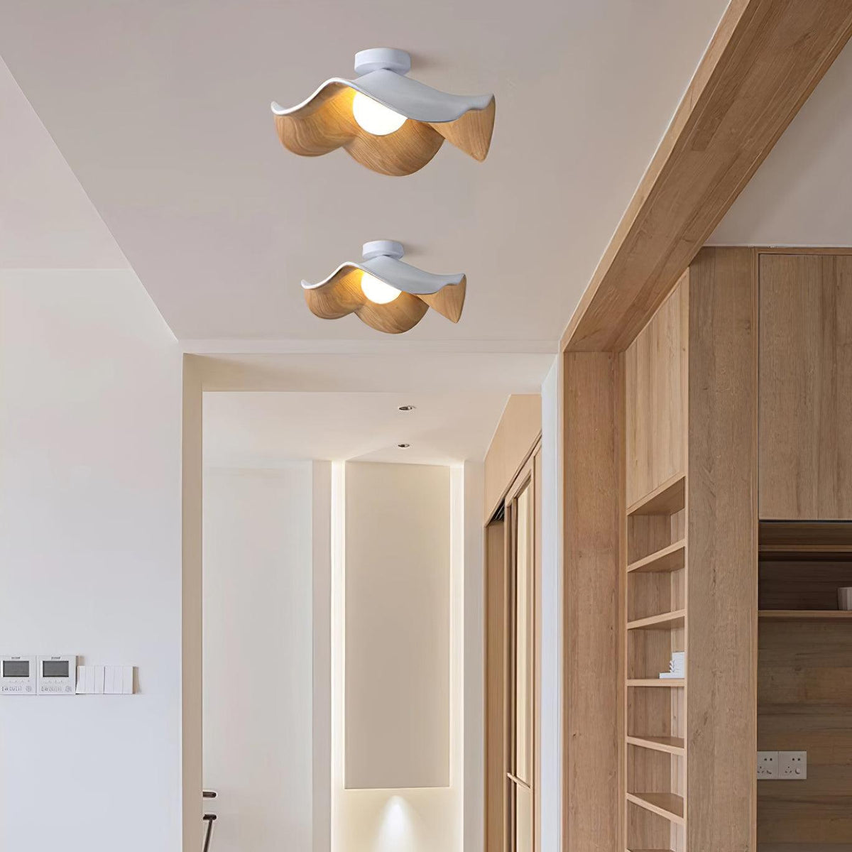 Belenor Ceiling Lamp Lotus Leaf with Wood and White Finish
