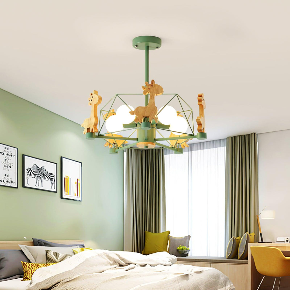 Rinelian Chandelier Lovely Deer Wooden Green & Pink