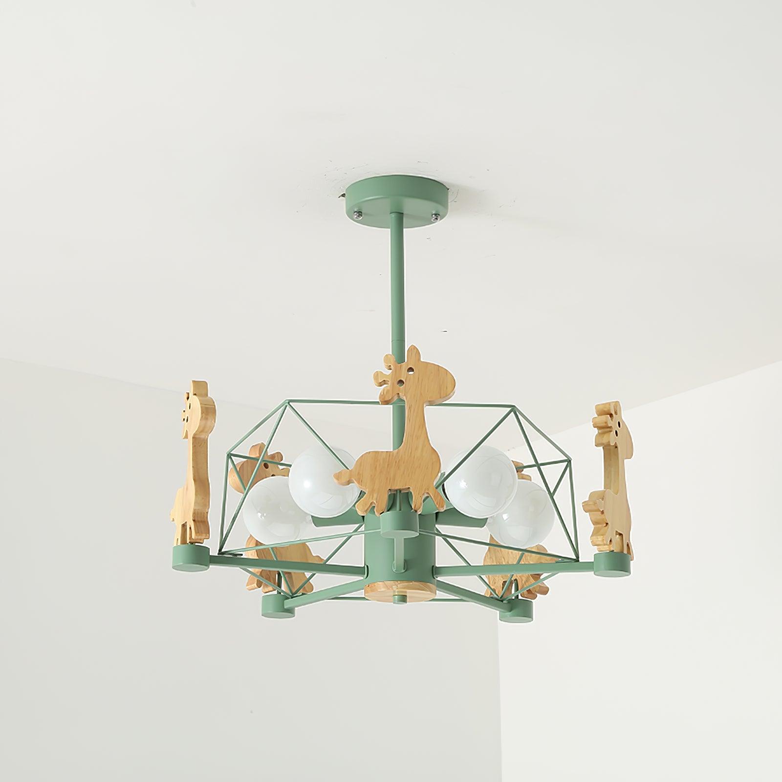 Rinelian Chandelier Lovely Deer Wooden Green & Pink