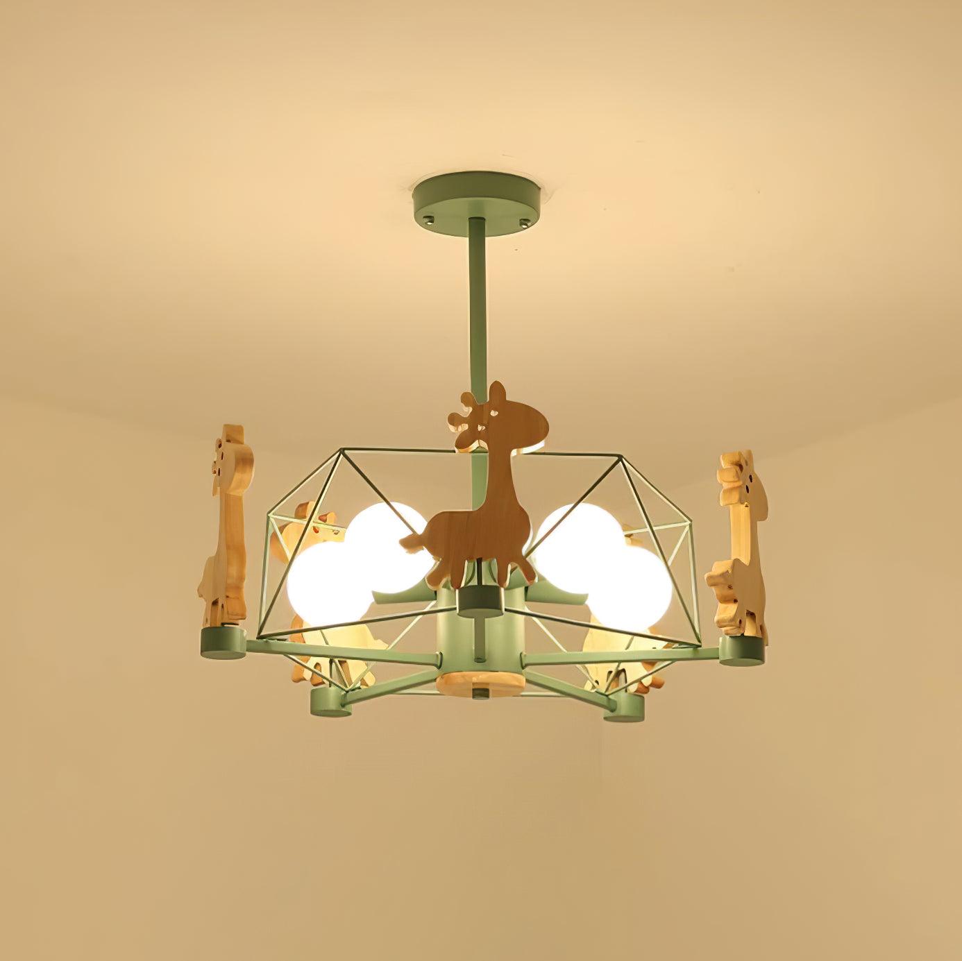 Rinelian Chandelier Lovely Deer Wooden Green & Pink