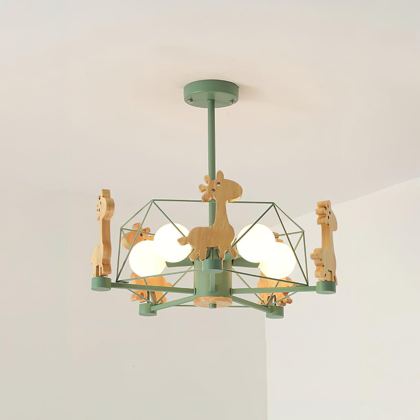 Rinelian Chandelier Lovely Deer Wooden Green & Pink