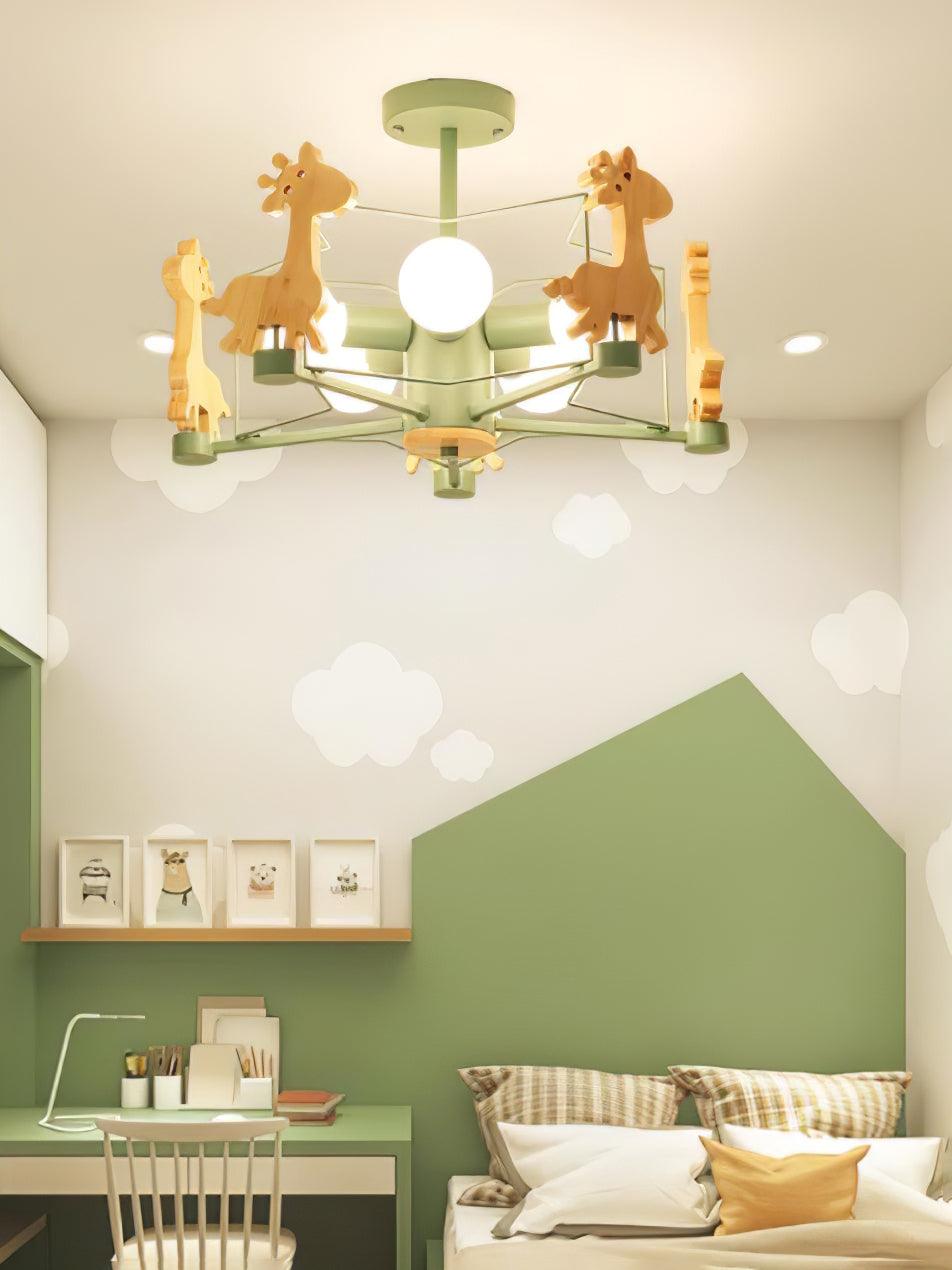 Rinelian Chandelier Lovely Deer Wooden Green & Pink