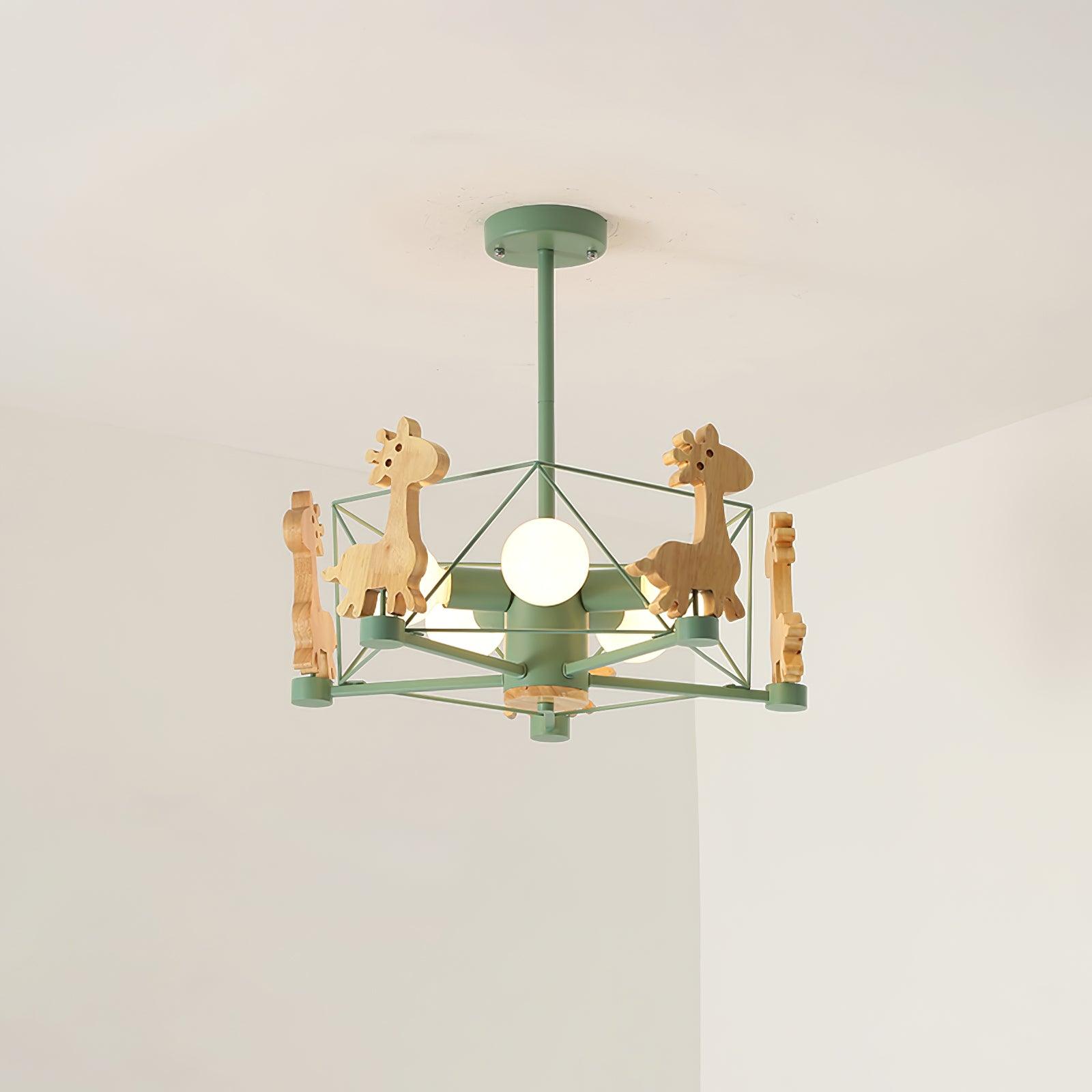Rinelian Chandelier Lovely Deer Wooden Green & Pink