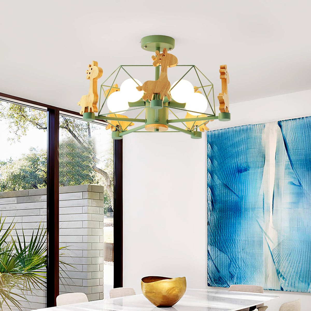 Rinelian Chandelier Lovely Deer Wooden Green & Pink