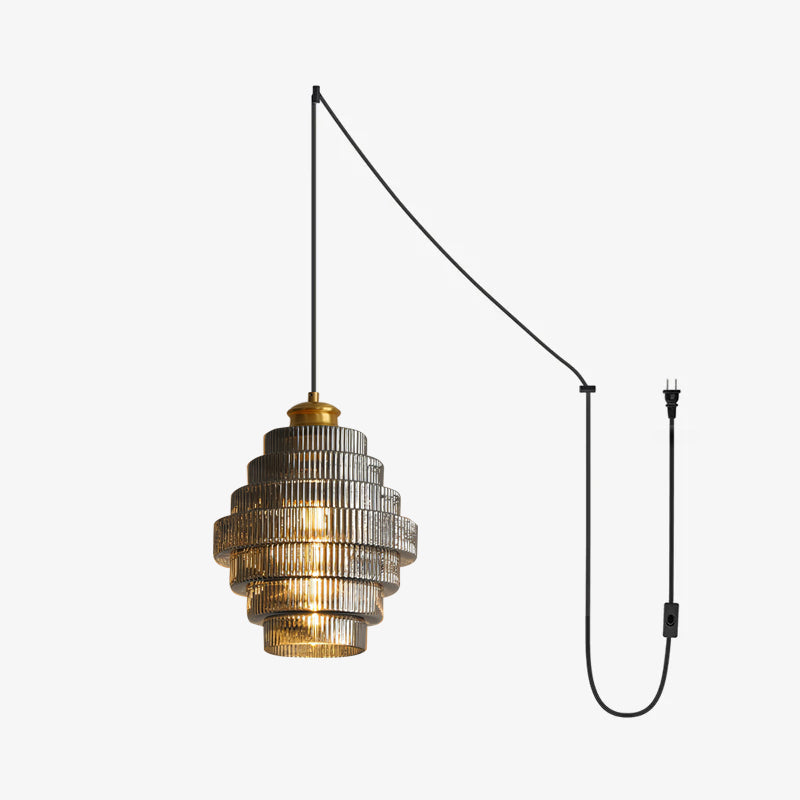 Brivelle Plug-In Ribbed Glass Pendant Light with Brass Accent - Neutral Decor