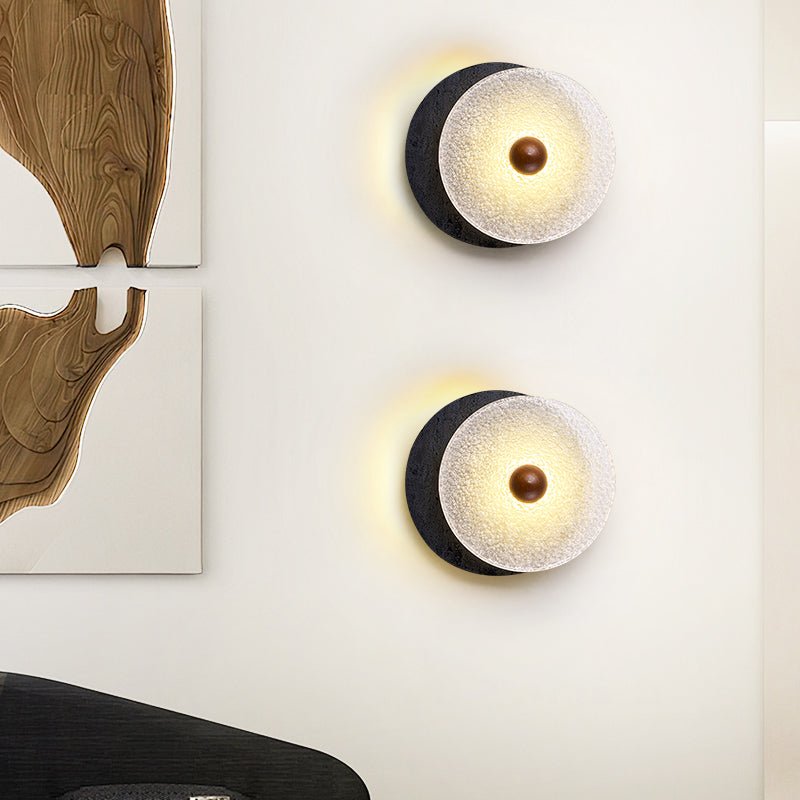 Valalaine Textured Black Travertine Glass Disc Wall Lamp