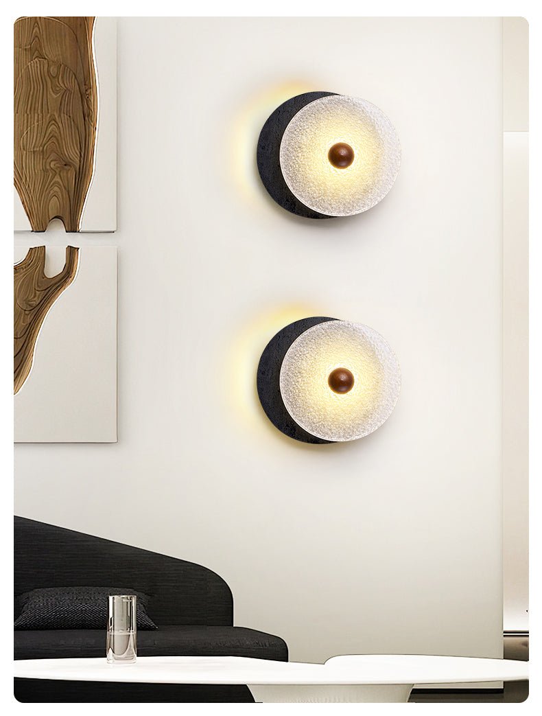 Valalaine Textured Black Travertine Glass Disc Wall Lamp