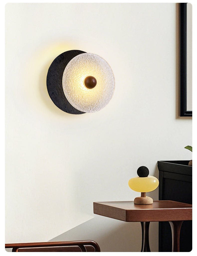Valalaine Textured Black Travertine Glass Disc Wall Lamp