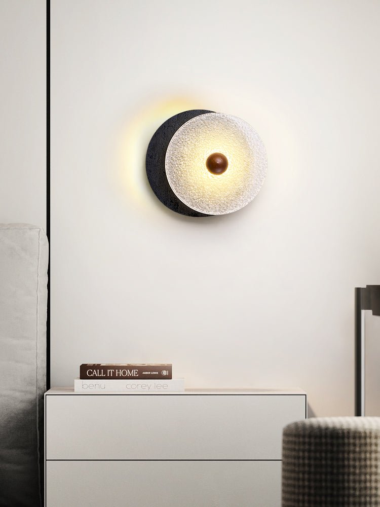 Valalaine Textured Black Travertine Glass Disc Wall Lamp
