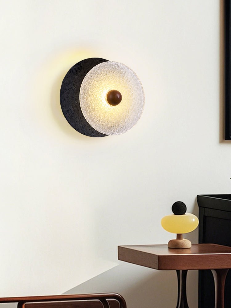 Valalaine Textured Black Travertine Glass Disc Wall Lamp