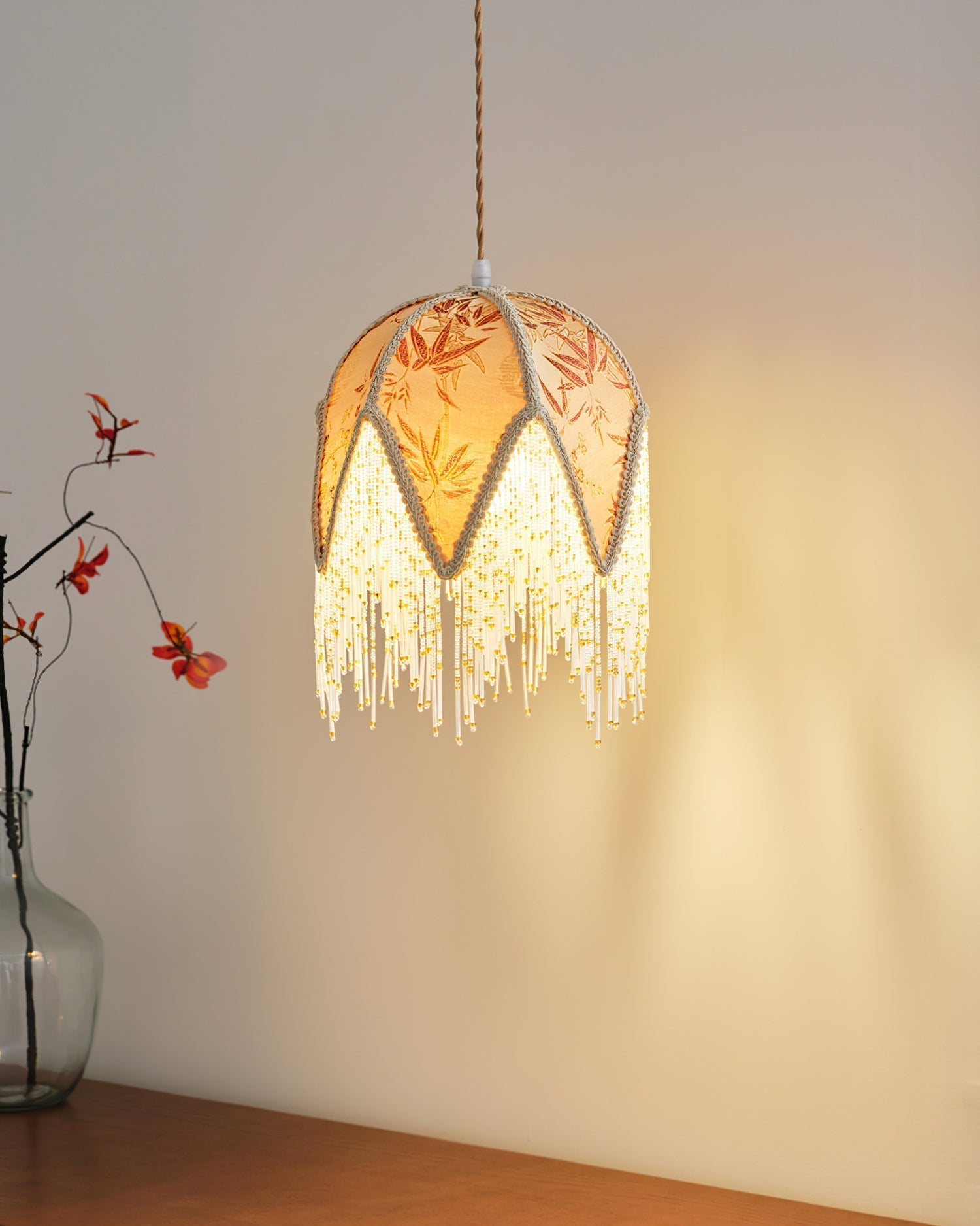 Magnolia Pendant Lamp Tassel Fabric Floral Bamboo Fringe - Neutral Decor