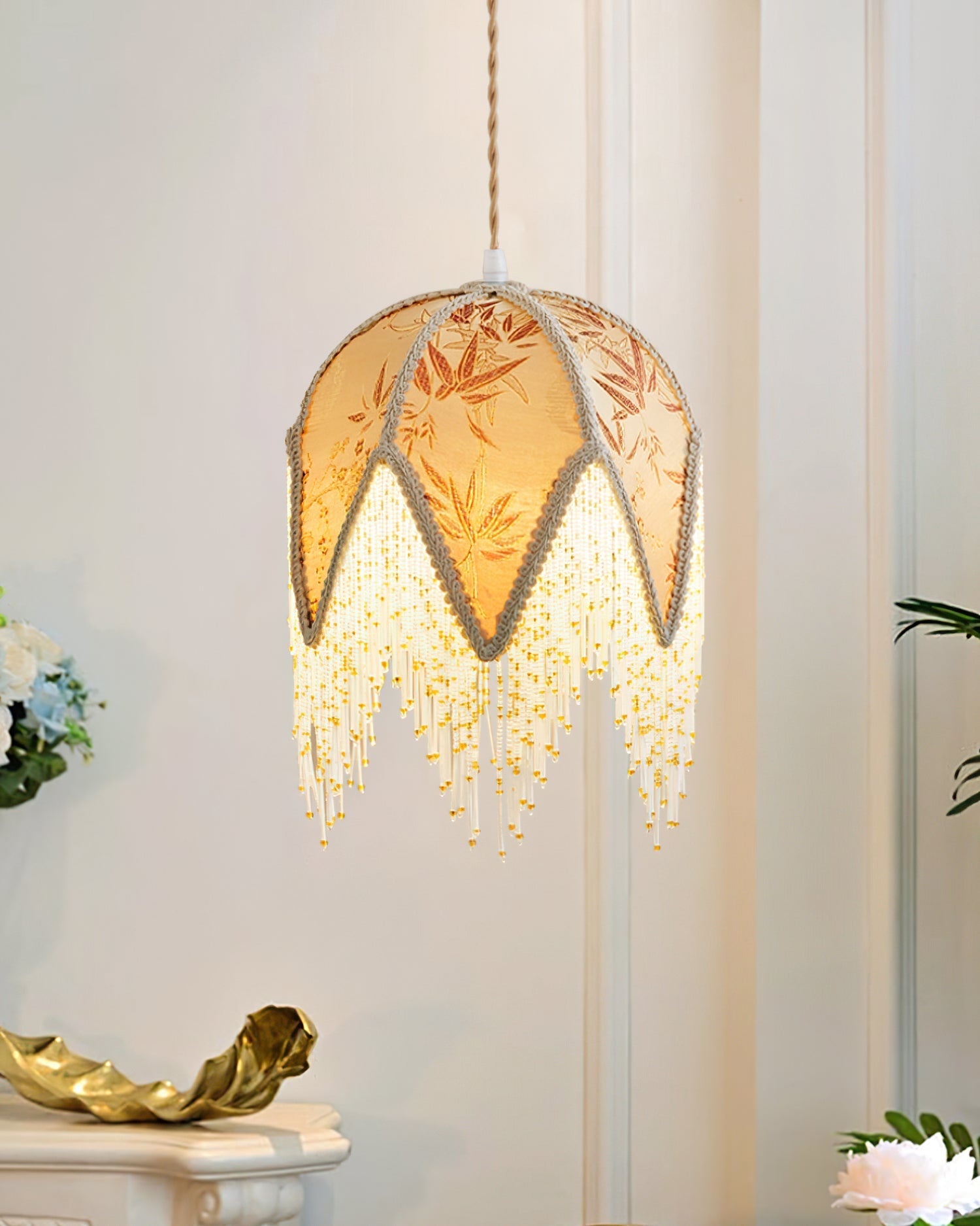 Magnolia Pendant Lamp Tassel Fabric Floral Bamboo Fringe - Neutral Decor