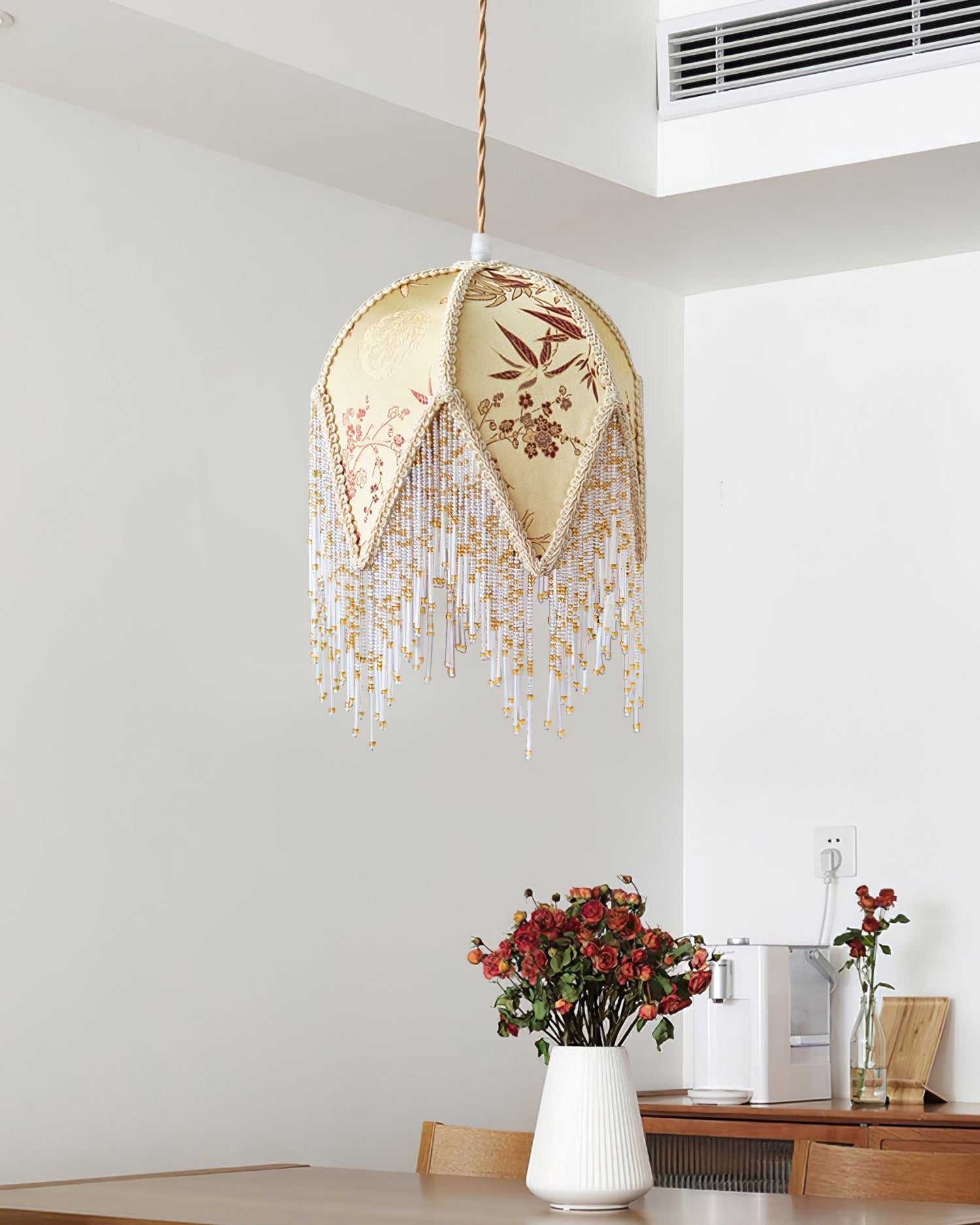 Magnolia Pendant Lamp Tassel Fabric Floral Bamboo Fringe - Neutral Decor