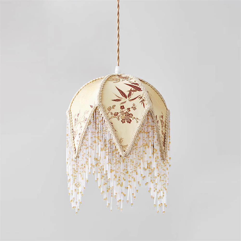 Magnolia Pendant Lamp Tassel Fabric Floral Bamboo Fringe - Neutral Decor