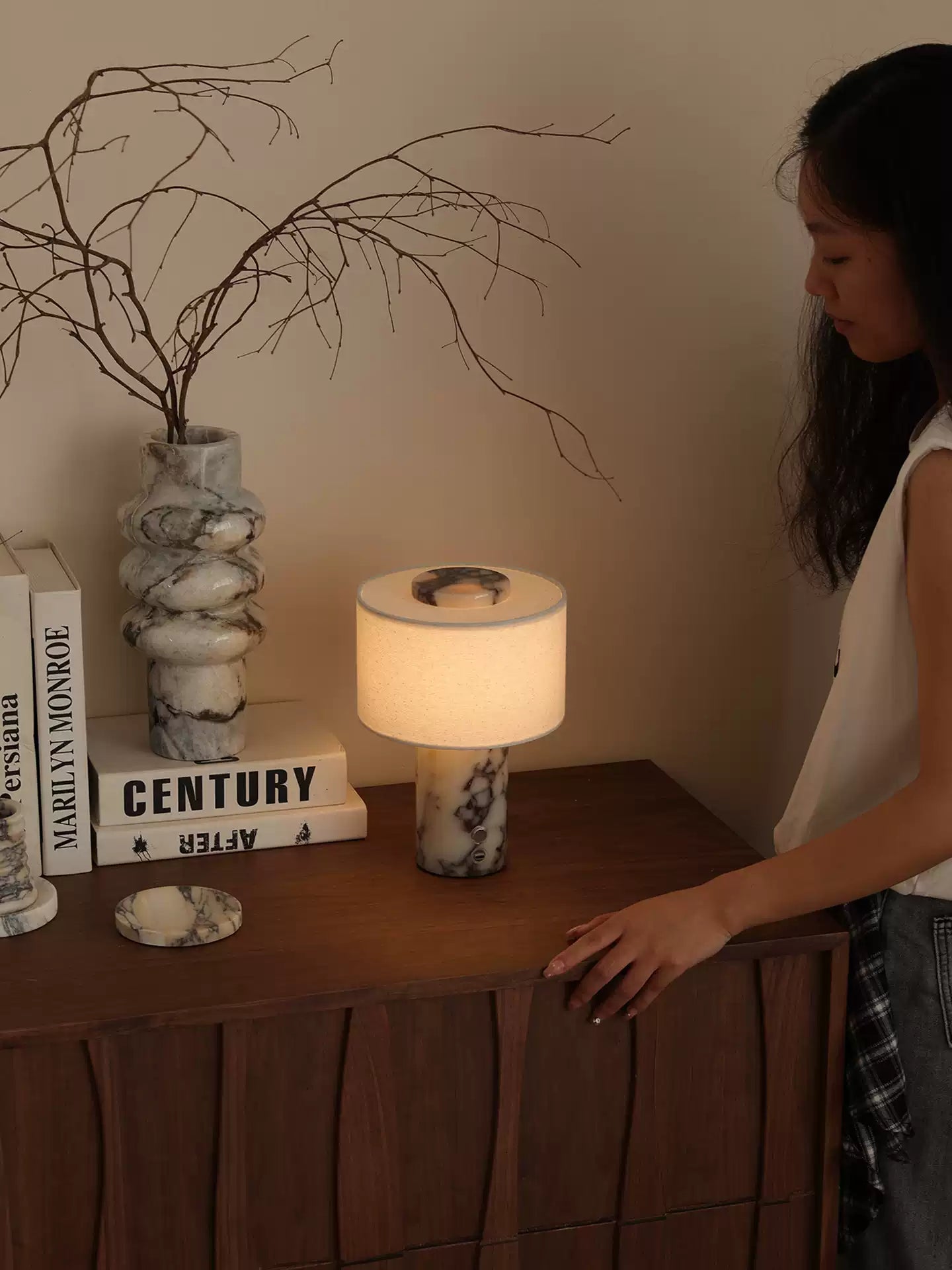 Kalvy Cylindrical  Travertine Marble Table Lamp