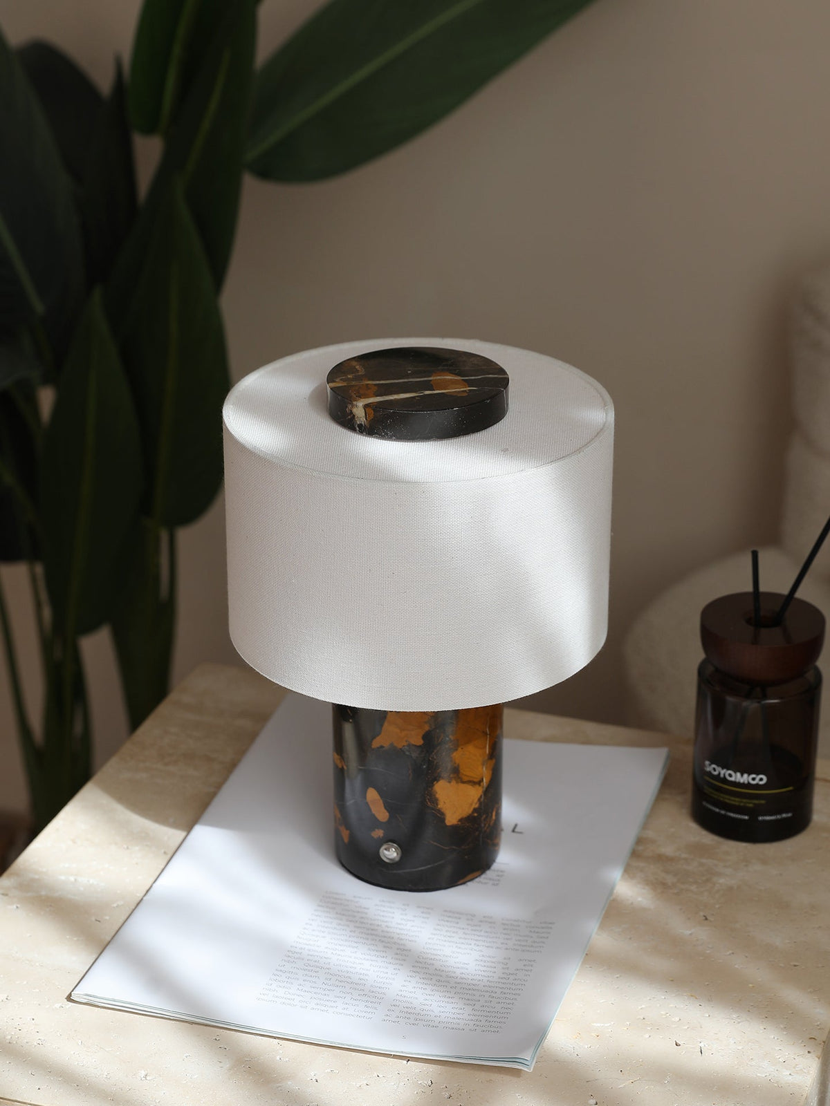 Kalvy Cylindrical  Travertine Marble Table Lamp