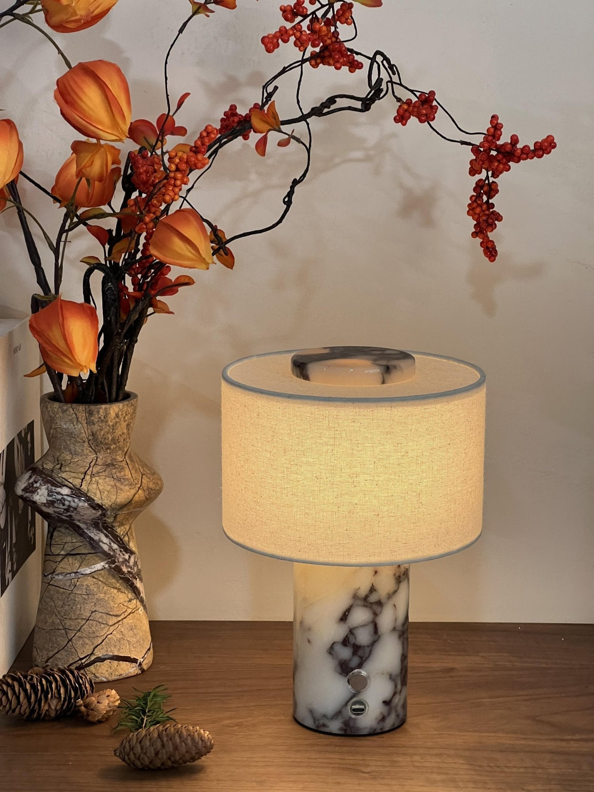 Kalvy Cylindrical  Travertine Marble Table Lamp