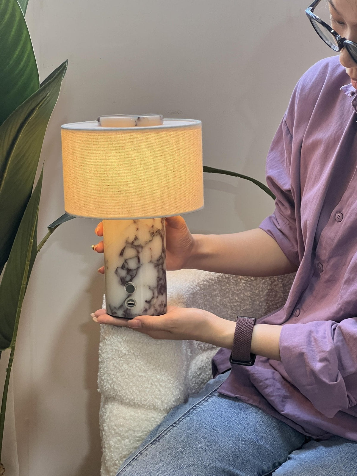 Kalvy Cylindrical  Travertine Marble Table Lamp